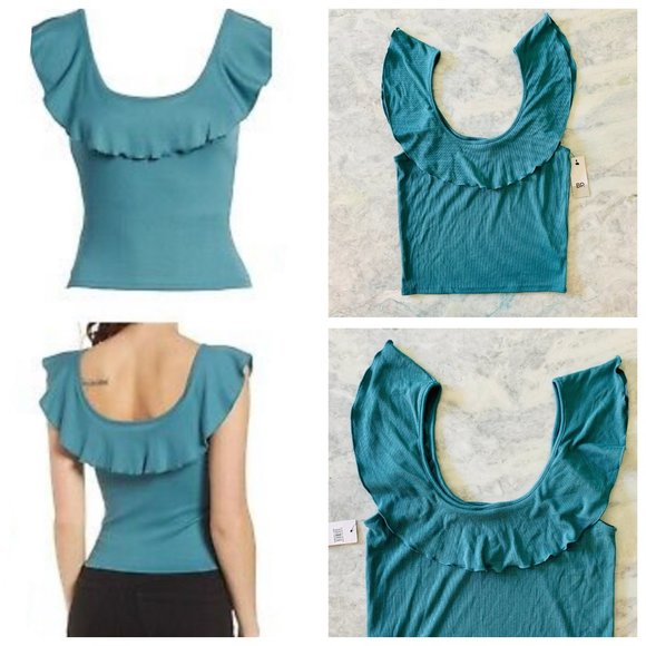 bp Tops - BP Teal Lettuce Ruffle Hem Scoop Neck Rib Tank Top